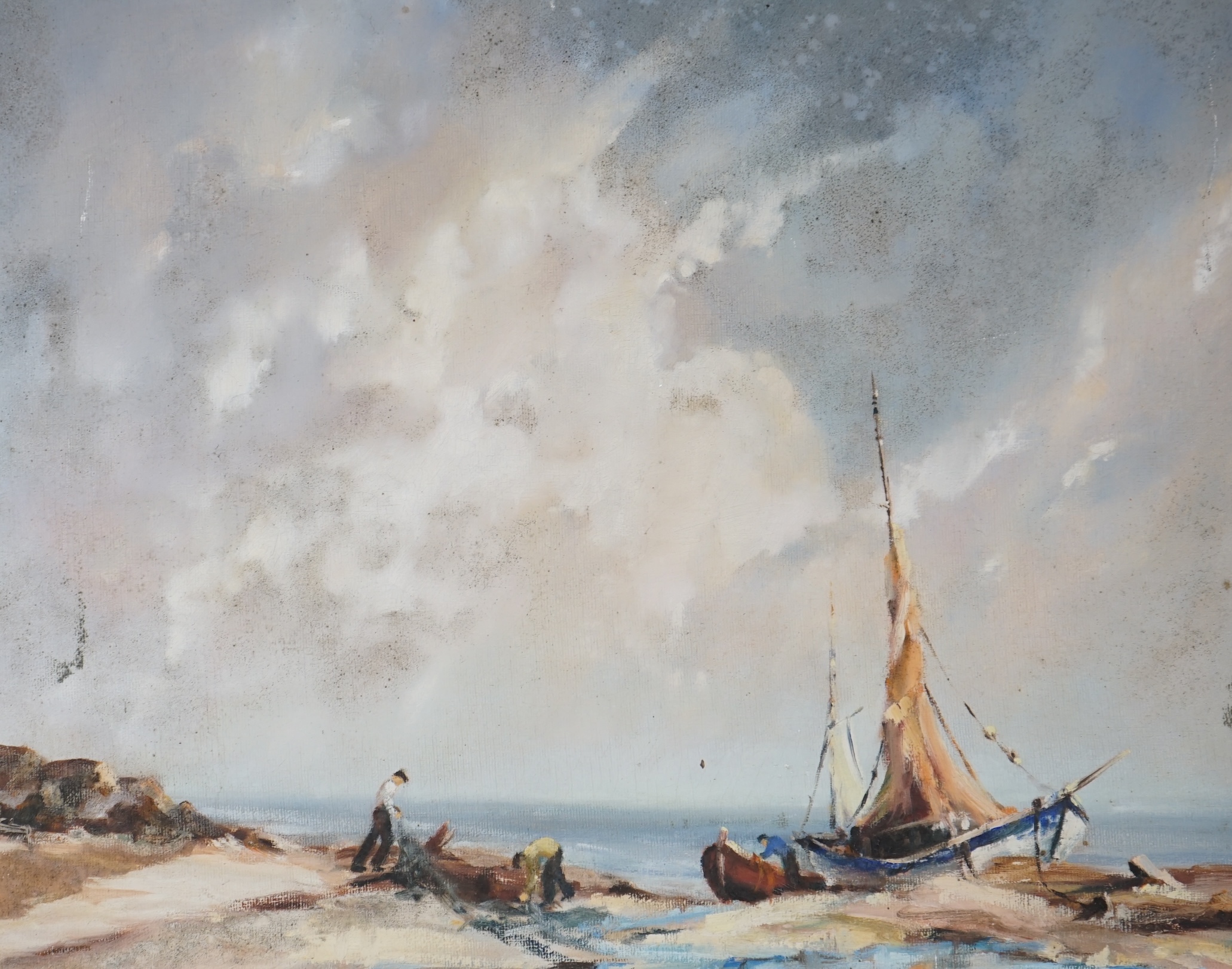 Gudrun Barbara Sibbons (1925-), oil on board, 'Drying nets, mouth of Avon, Christchurch, Hants', inscribed verso and dated 1955, 39 x 49cm. Condition - poor to fair